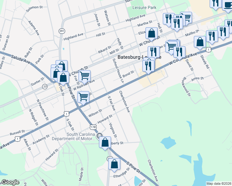 map of restaurants, bars, coffee shops, grocery stores, and more near 354 West Columbia Avenue in Batesburg-Leesville