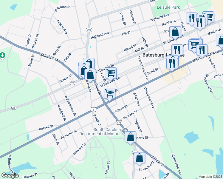 map of restaurants, bars, coffee shops, grocery stores, and more near 111 Perry Street in Batesburg-Leesville