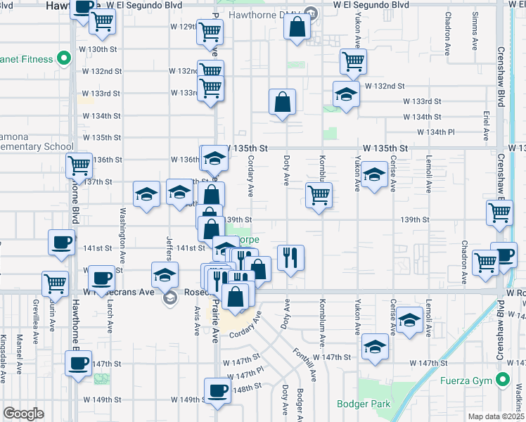 map of restaurants, bars, coffee shops, grocery stores, and more near 13762 Cordary Avenue in Hawthorne