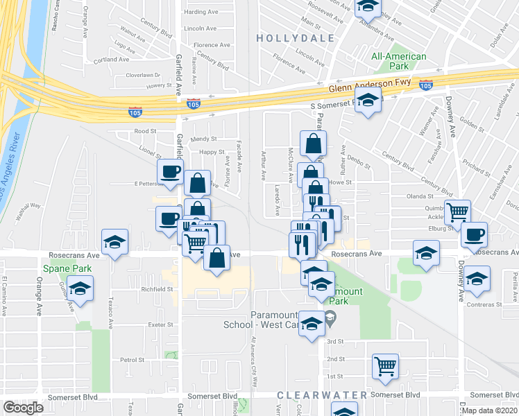 map of restaurants, bars, coffee shops, grocery stores, and more near 14043 Arthur Avenue in Paramount