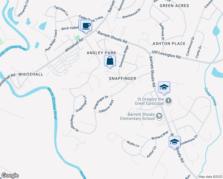 map of restaurants, bars, coffee shops, grocery stores, and more near 205 Lea Court in Athens