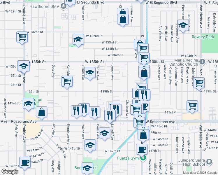 map of restaurants, bars, coffee shops, grocery stores, and more near 13807 1/2 Lemoli Avenue in Hawthorne
