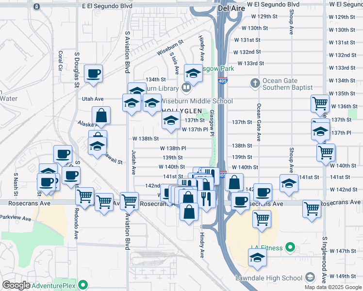 map of restaurants, bars, coffee shops, grocery stores, and more near 5341 West 138th Place in Hawthorne
