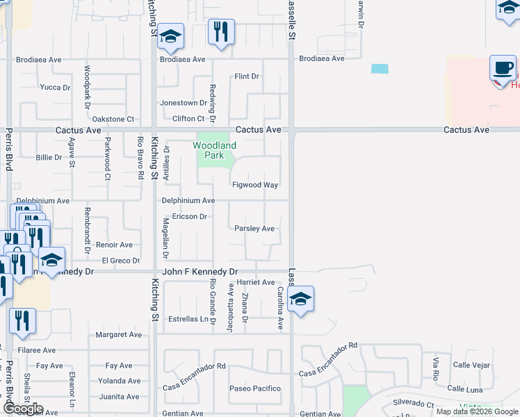 map of restaurants, bars, coffee shops, grocery stores, and more near 14773 Rosemary Avenue in Moreno Valley