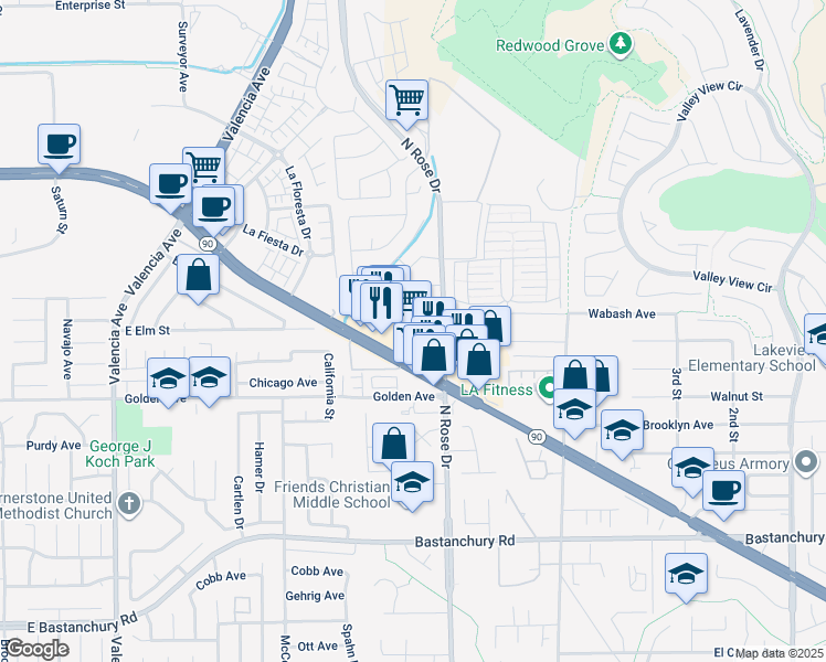 map of restaurants, bars, coffee shops, grocery stores, and more near 1117 East Imperial Highway in Placentia