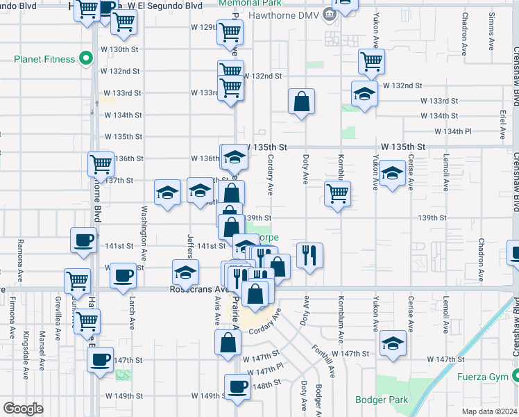 map of restaurants, bars, coffee shops, grocery stores, and more near 13759 Cordary Avenue in Hawthorne