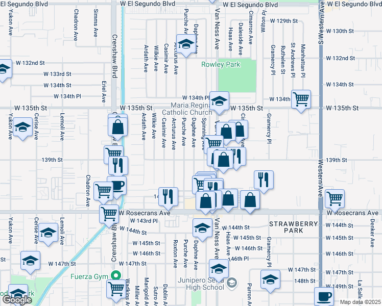 map of restaurants, bars, coffee shops, grocery stores, and more near 13809 Daphne Avenue in Gardena