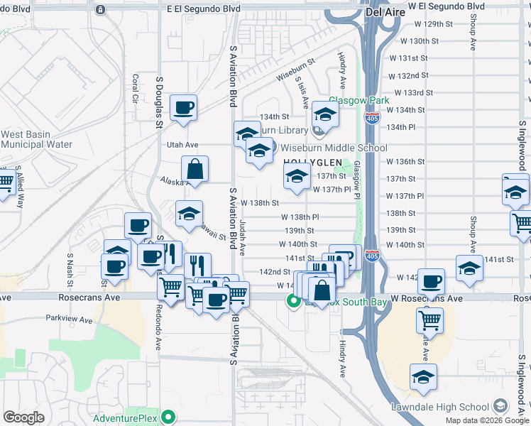 map of restaurants, bars, coffee shops, grocery stores, and more near 5513 West 138th Place in Hawthorne