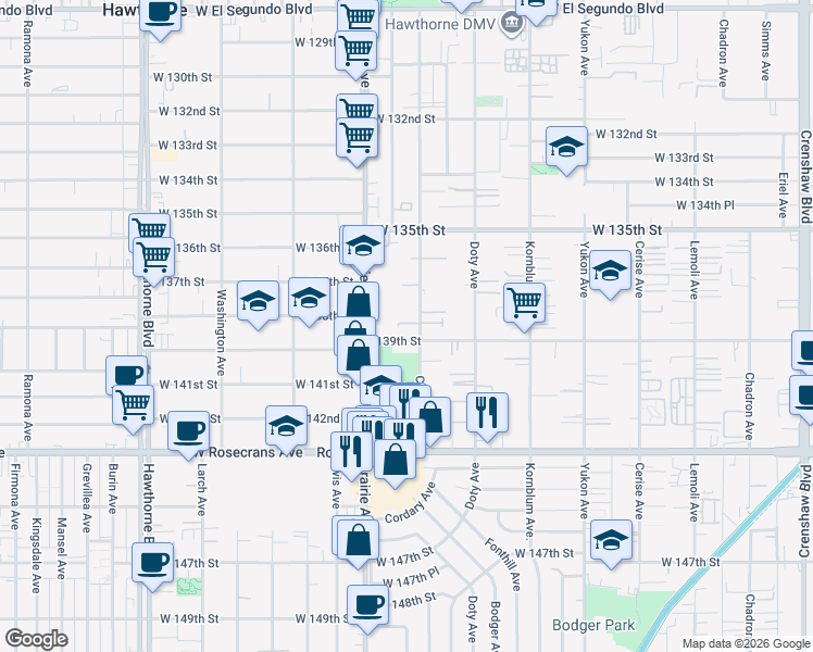 map of restaurants, bars, coffee shops, grocery stores, and more near 13763 Cordary Avenue in Hawthorne