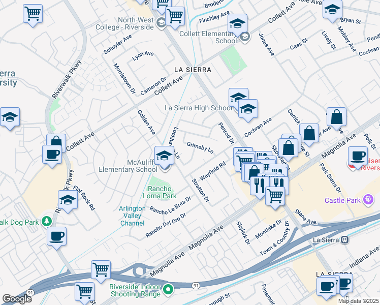 map of restaurants, bars, coffee shops, grocery stores, and more near 11221 Reliance Drive in Riverside
