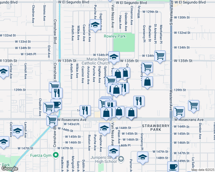 map of restaurants, bars, coffee shops, grocery stores, and more near 13808 Spinning Avenue in Gardena