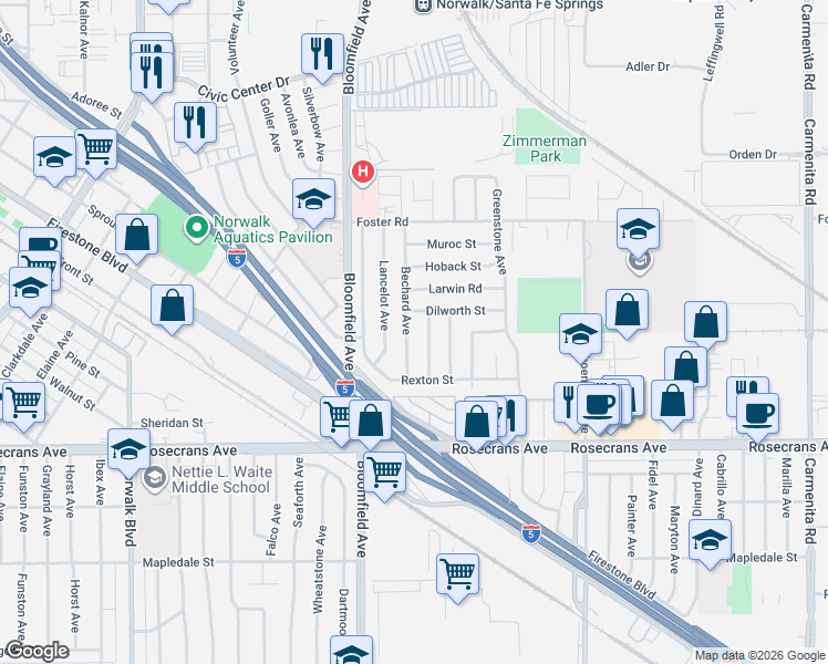 map of restaurants, bars, coffee shops, grocery stores, and more near 13722 Bechard Avenue in Norwalk