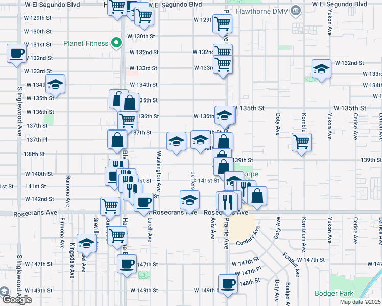map of restaurants, bars, coffee shops, grocery stores, and more near 13819 Jefferson Avenue in Hawthorne