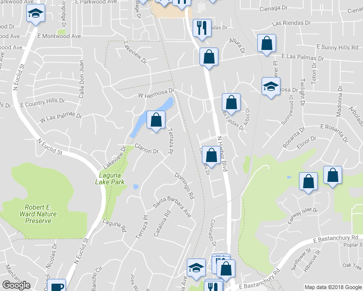 map of restaurants, bars, coffee shops, grocery stores, and more near 3031 Anacapa Place in Fullerton