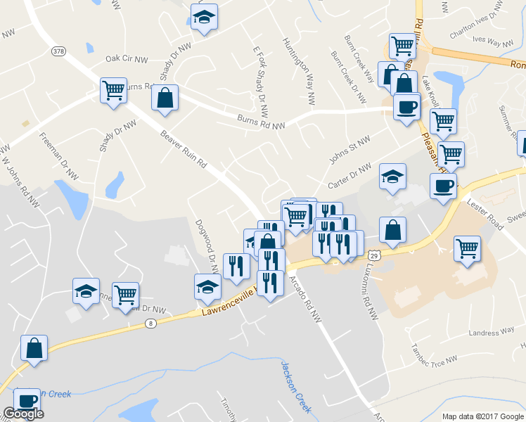 map of restaurants, bars, coffee shops, grocery stores, and more near 261 Marble Springs Road Northwest in Lilburn