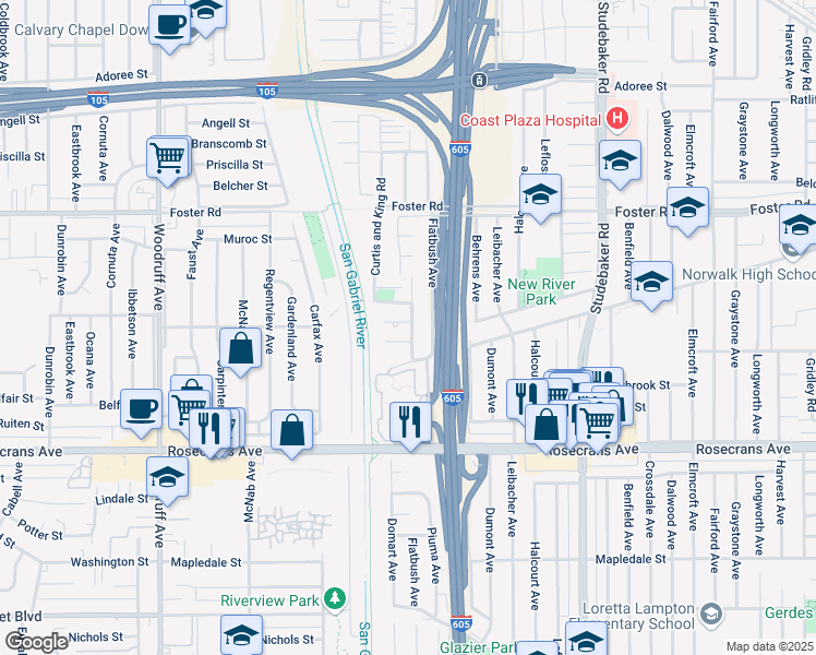 map of restaurants, bars, coffee shops, grocery stores, and more near 10632 Firwood Ct in Norwalk