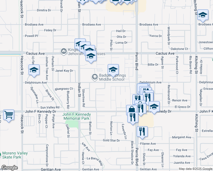 map of restaurants, bars, coffee shops, grocery stores, and more near 14762 Wintergreen Street in Moreno Valley