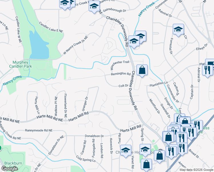 map of restaurants, bars, coffee shops, grocery stores, and more near 1825 Colt Drive in Atlanta