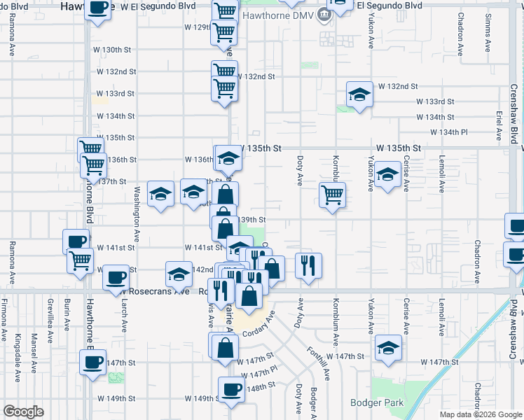 map of restaurants, bars, coffee shops, grocery stores, and more near 13759 Cordary Avenue in Hawthorne