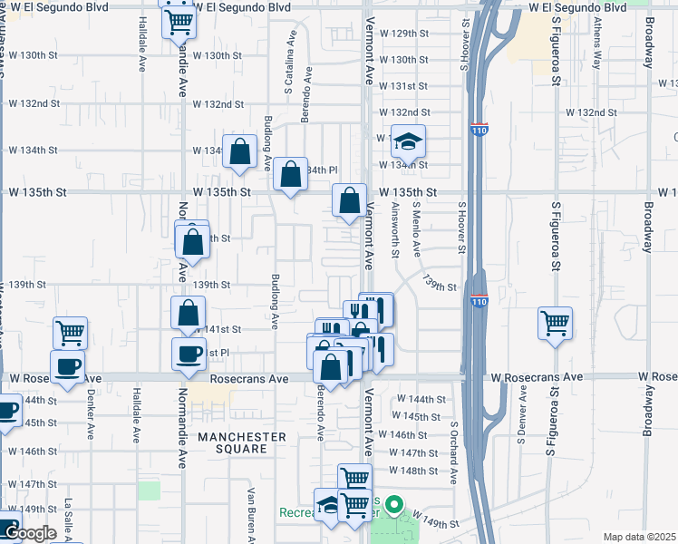 map of restaurants, bars, coffee shops, grocery stores, and more near 1017 Topaz Lane in Gardena