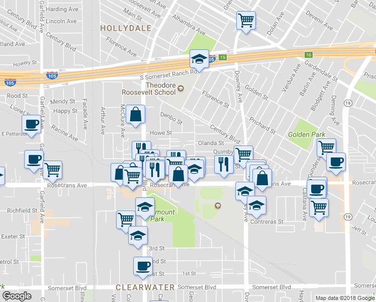 map of restaurants, bars, coffee shops, grocery stores, and more near Anderson Street in Paramount