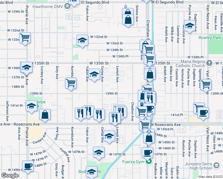 map of restaurants, bars, coffee shops, grocery stores, and more near 13809 1/2 Lemoli Avenue in Hawthorne