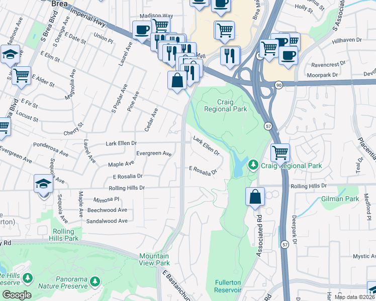 map of restaurants, bars, coffee shops, grocery stores, and more near 3059 Heather Drive in Fullerton