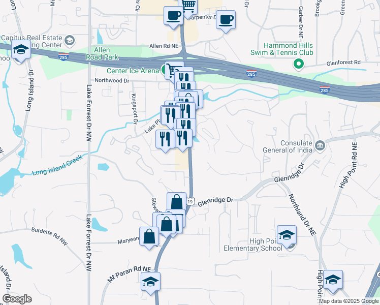 map of restaurants, bars, coffee shops, grocery stores, and more near 5570 Roswell Road in Sandy Springs