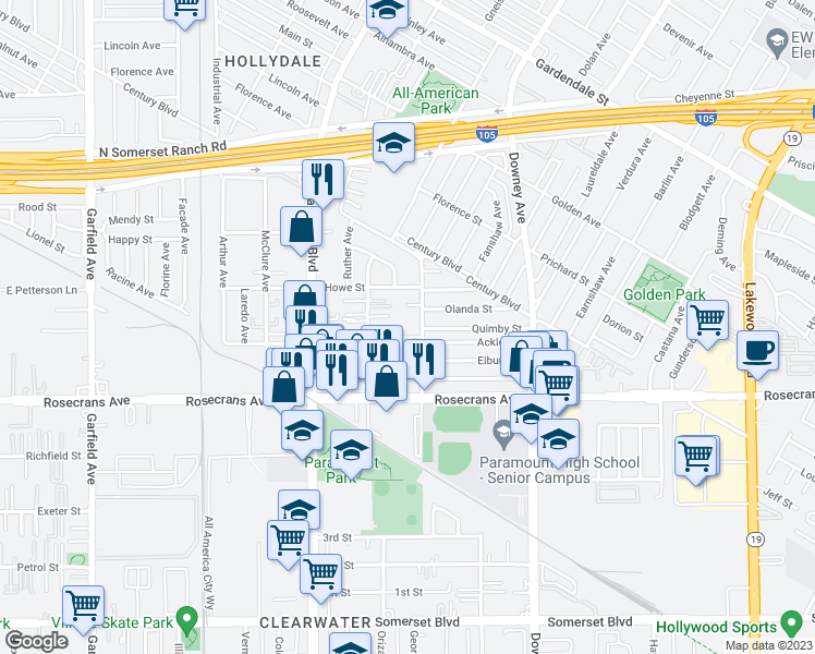 map of restaurants, bars, coffee shops, grocery stores, and more near 14049 1/2 Anderson Street in Paramount