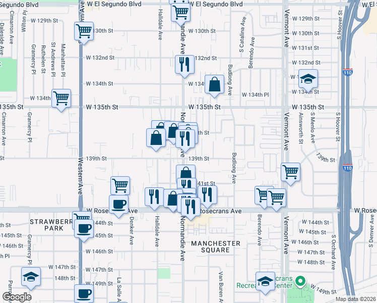 map of restaurants, bars, coffee shops, grocery stores, and more near 13850 Normandie Avenue in Gardena