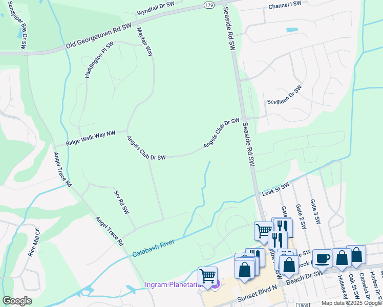 map of restaurants, bars, coffee shops, grocery stores, and more near Angels Club Drive Southwest in Sunset Beach