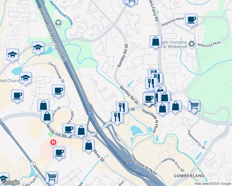 map of restaurants, bars, coffee shops, grocery stores, and more near 2825 Windy Hill Road Southeast in Marietta
