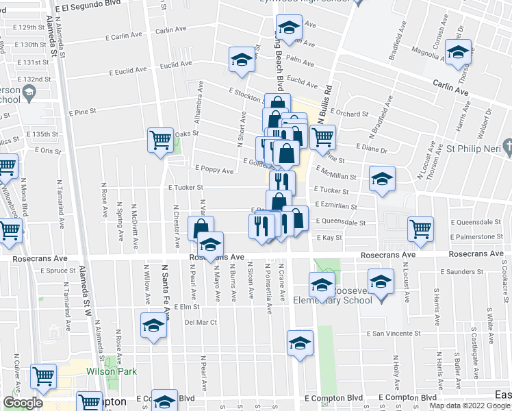 map of restaurants, bars, coffee shops, grocery stores, and more near 1207 East Peck Street in Compton