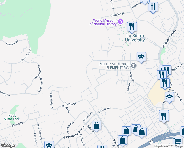 map of restaurants, bars, coffee shops, grocery stores, and more near 4474 Summit Ridge in Riverside