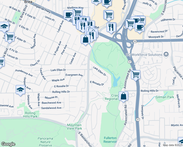 map of restaurants, bars, coffee shops, grocery stores, and more near 3059 Heather Drive in Fullerton