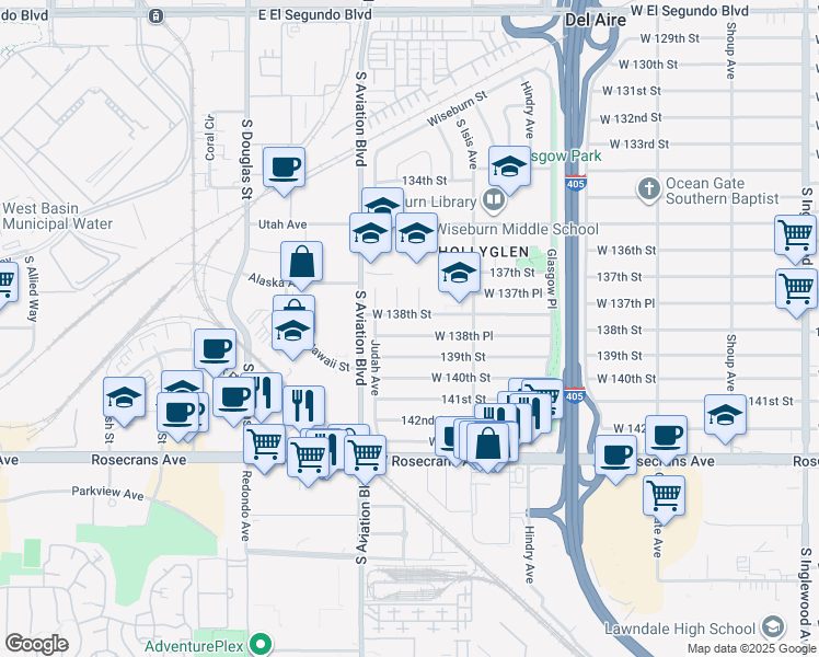 map of restaurants, bars, coffee shops, grocery stores, and more near 5513 West 138th Place in Hawthorne