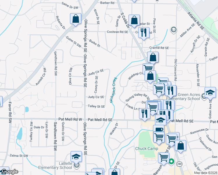 map of restaurants, bars, coffee shops, grocery stores, and more near 1929 Judy Circle Southeast in Marietta