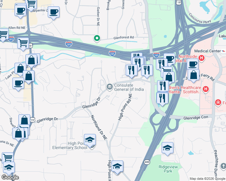 map of restaurants, bars, coffee shops, grocery stores, and more near 5559 Glenridge Drive in Atlanta
