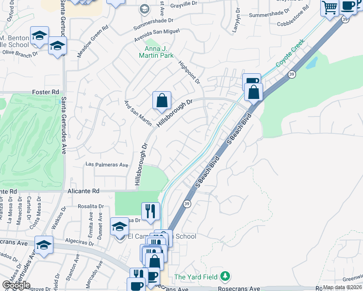 map of restaurants, bars, coffee shops, grocery stores, and more near 16256 Fieldcrest Court in La Mirada