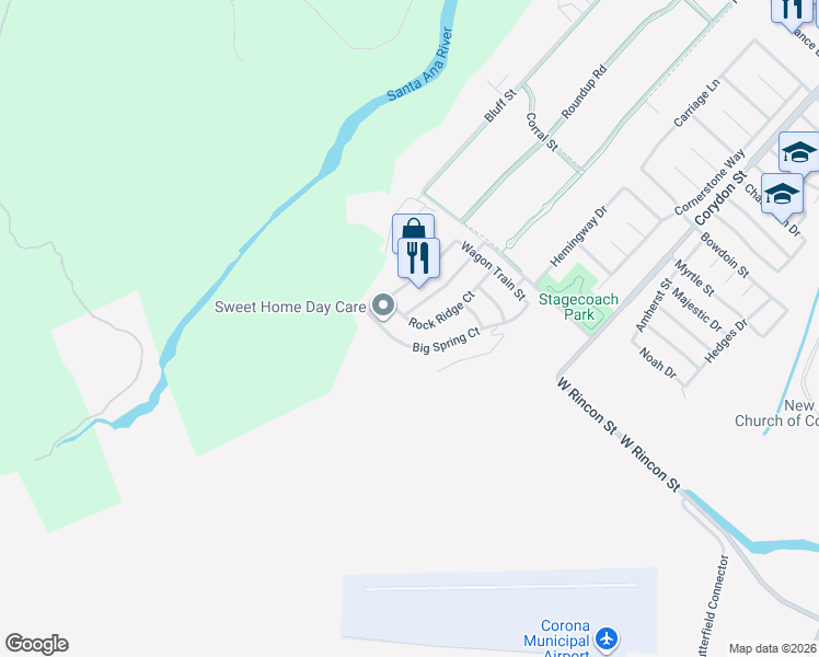 map of restaurants, bars, coffee shops, grocery stores, and more near 825 Rock Ridge Court in Corona