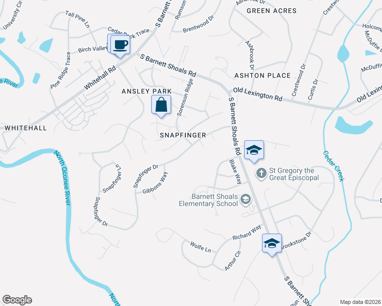map of restaurants, bars, coffee shops, grocery stores, and more near 152 Snapfinger Court in Athens