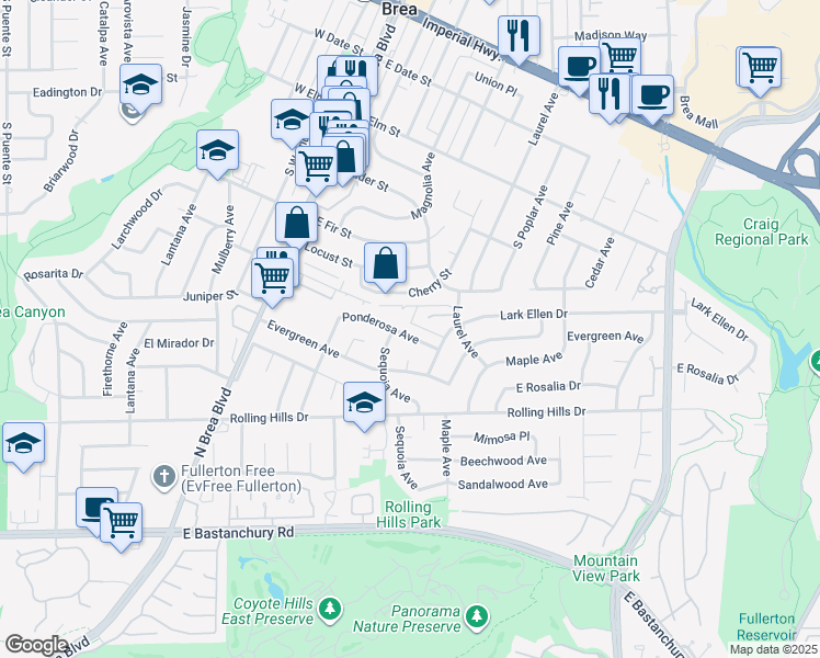 map of restaurants, bars, coffee shops, grocery stores, and more near 1513 Ponderosa Avenue in Fullerton