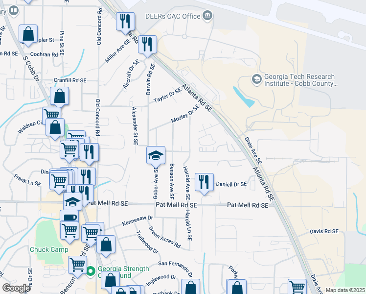 map of restaurants, bars, coffee shops, grocery stores, and more near 707 Medford Place Southeast in Smyrna