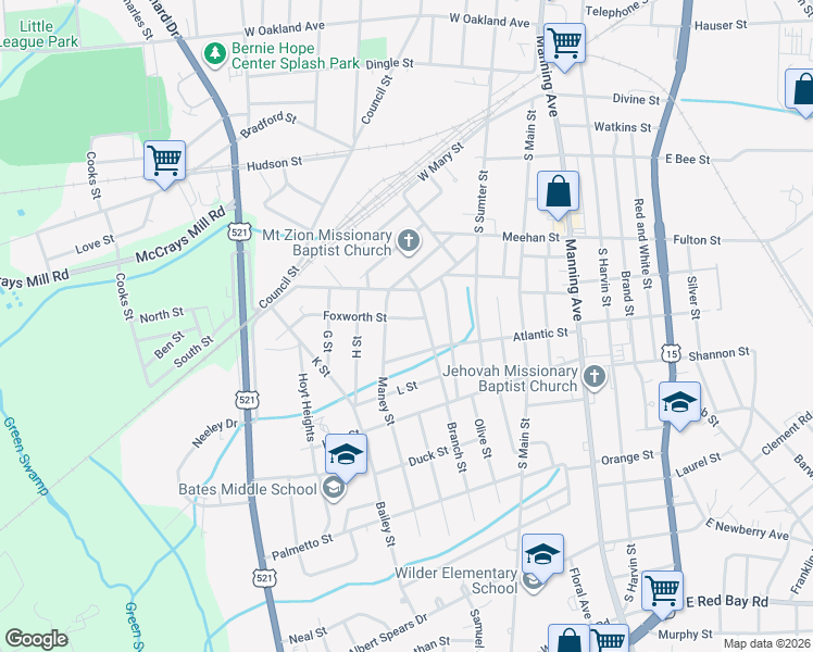 map of restaurants, bars, coffee shops, grocery stores, and more near 10 Foxworth Street in Sumter