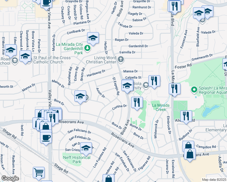 map of restaurants, bars, coffee shops, grocery stores, and more near 14628 Poner Street in La Mirada