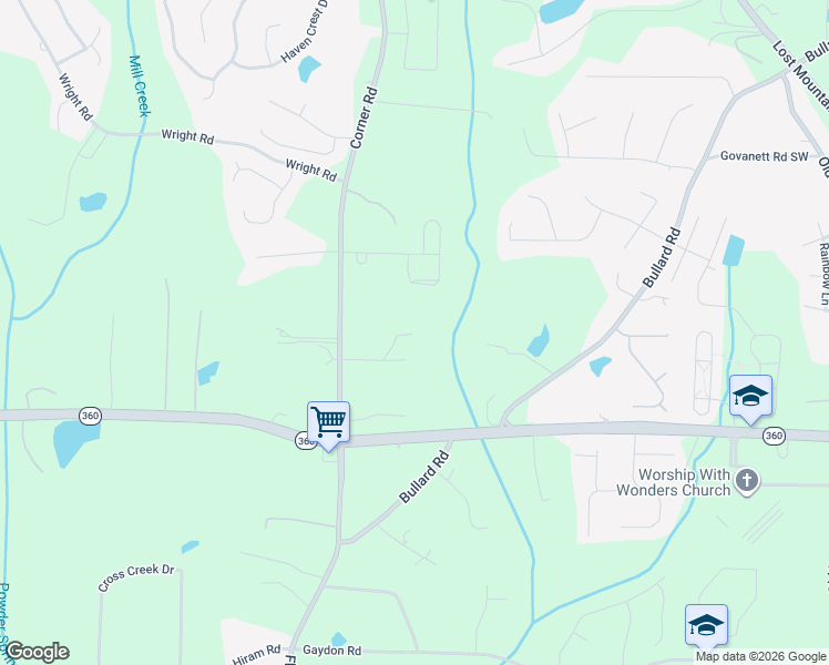 map of restaurants, bars, coffee shops, grocery stores, and more near 1977 Corner Road in Powder Springs