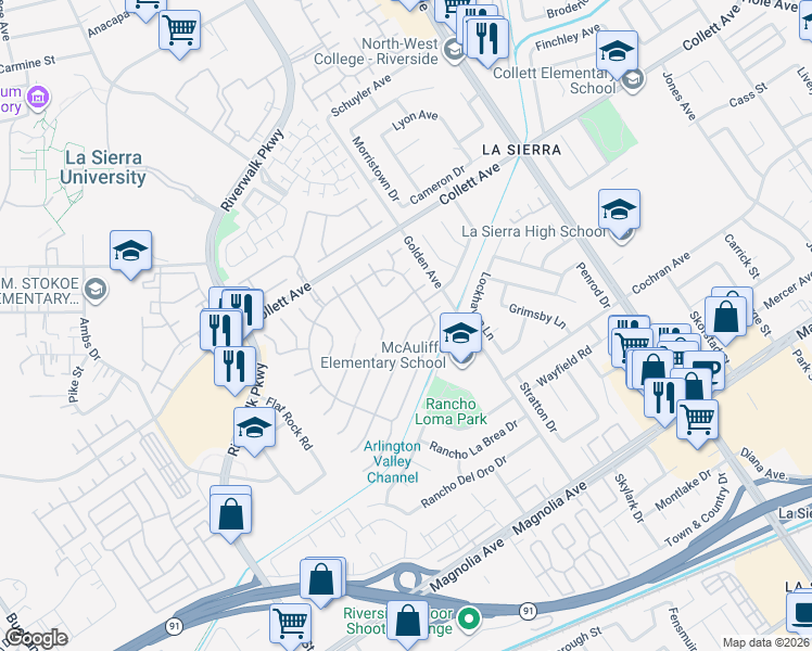 map of restaurants, bars, coffee shops, grocery stores, and more near 11369 Parkfield Court in Riverside
