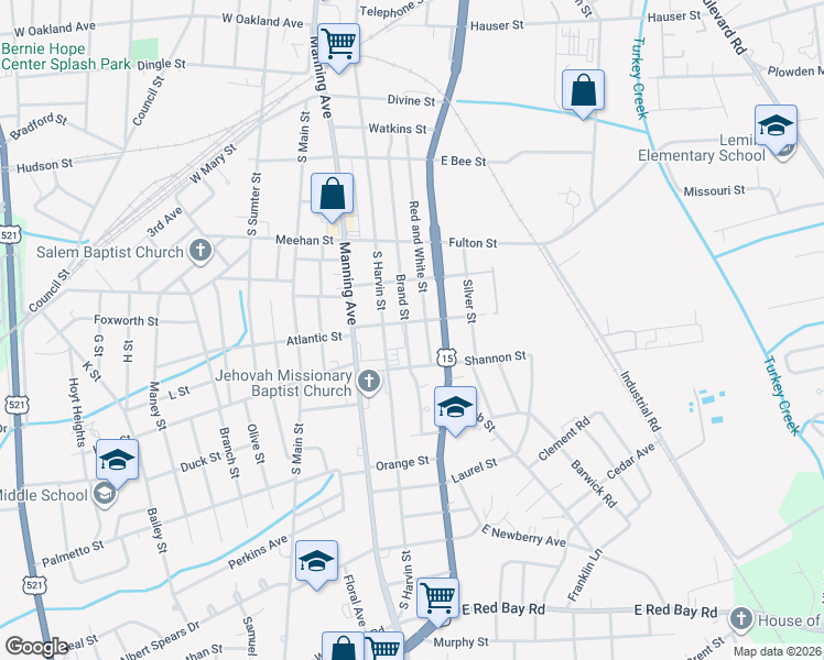 map of restaurants, bars, coffee shops, grocery stores, and more near 303 Brand St in Sumter