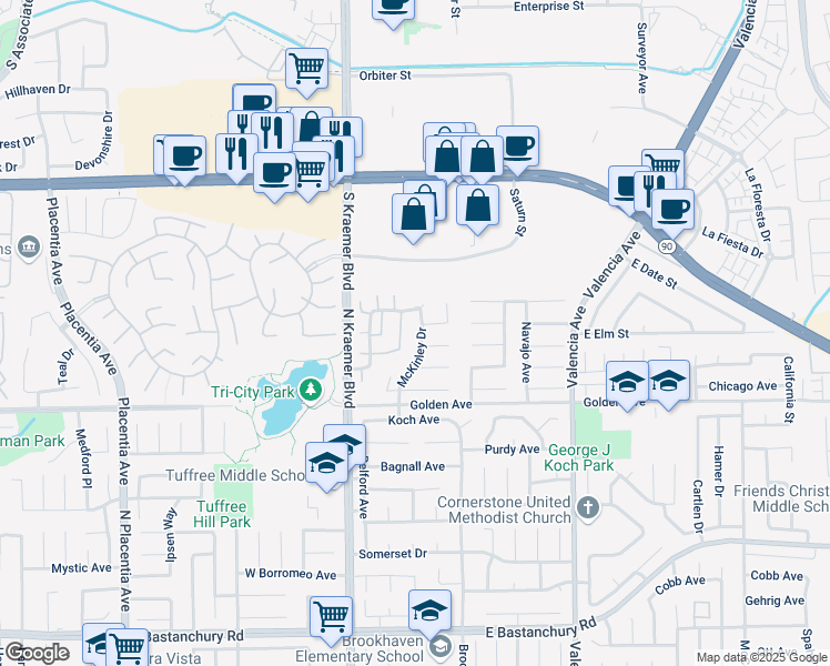 map of restaurants, bars, coffee shops, grocery stores, and more near 2407 McKinley Drive in Placentia