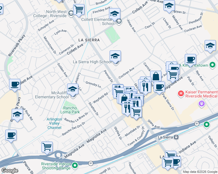 map of restaurants, bars, coffee shops, grocery stores, and more near 11132 Cochran Avenue in Riverside